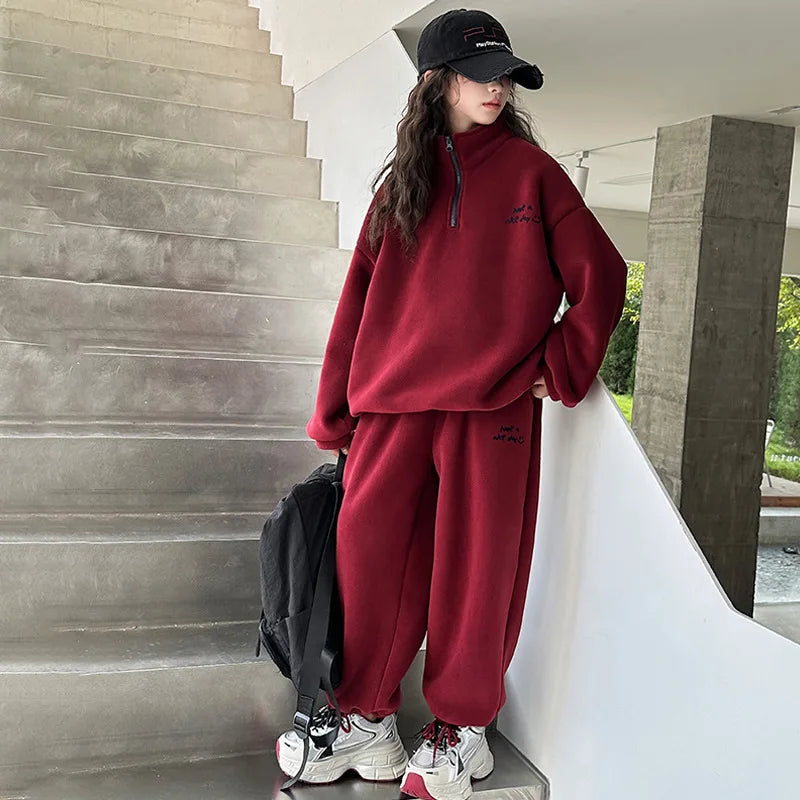 Maxy Girls Suits Winter Casual Two-piece Set Fashion New Korean Children Pack Fleece Thickened Letter Hoodie Pants Clothes
