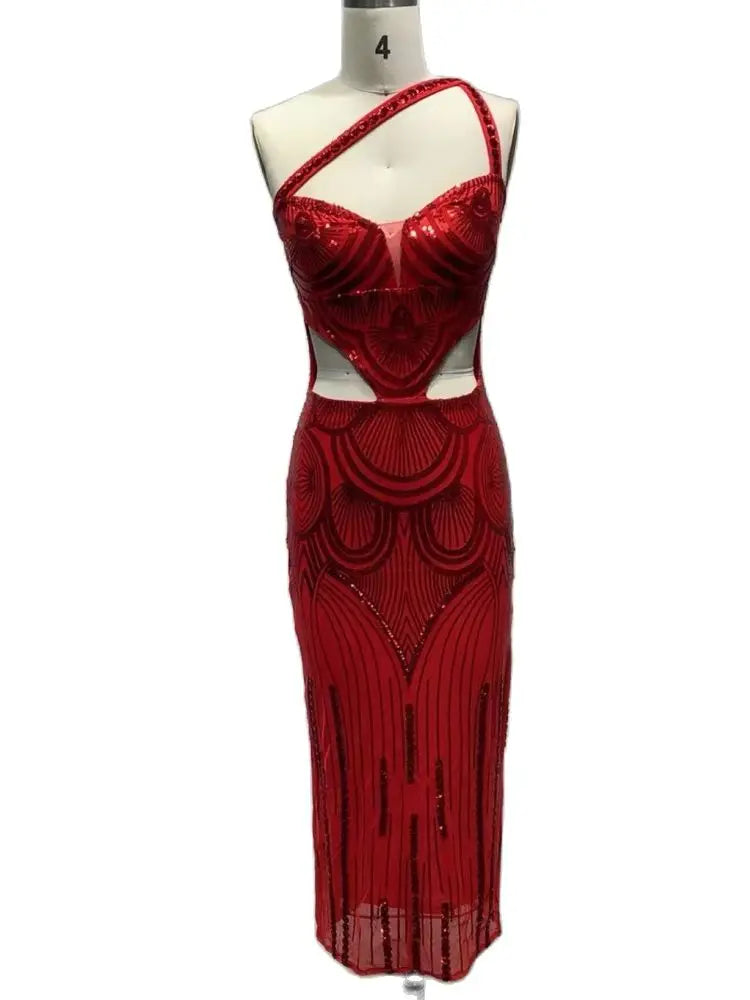 Babs High Quality Women Red Luxury Prom Gowns Cut Out Sequined Glitter Midi Calf Bodycon Dress Evening Club Party Birthday Dresses