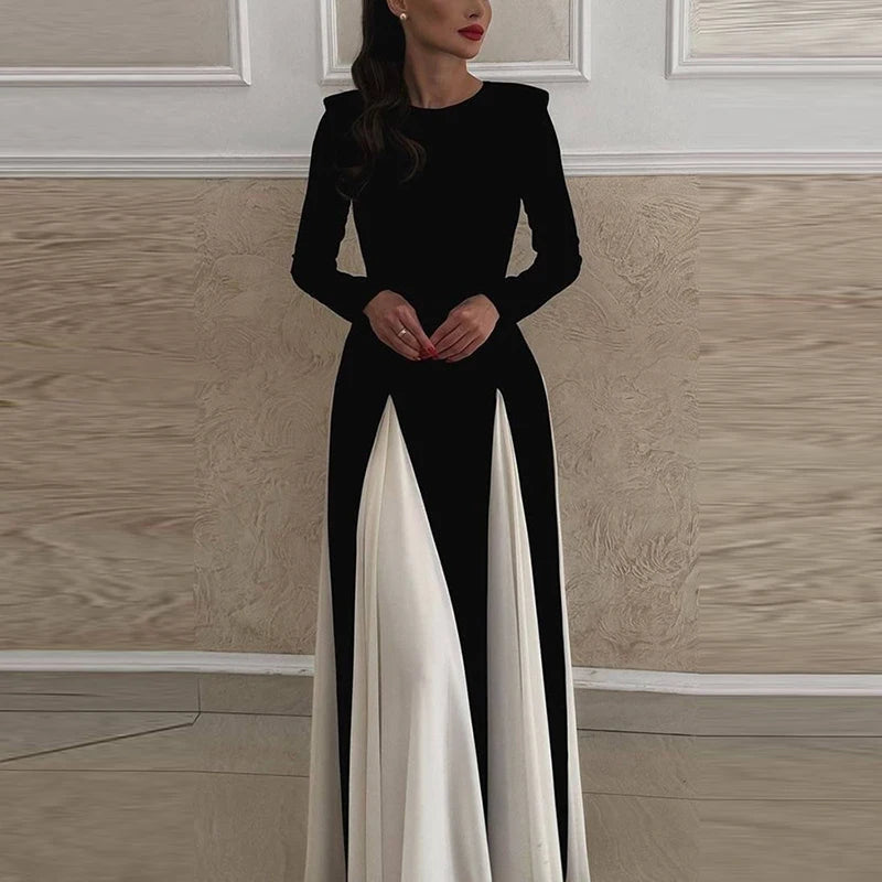 Amay Women Crew Neck Long Sleeve Maxi Dress New Winter Splicing Party Dress Elegant Lady Contract Color Full Length Club Dress