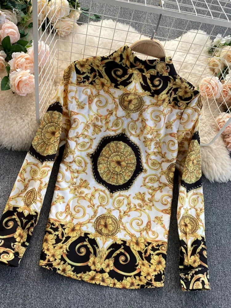 Maxy Spring Autumn Women's Blouse Tops New Bohemian Retro Turn-down collar Office Lady Trend Printing European American Shirt UK766