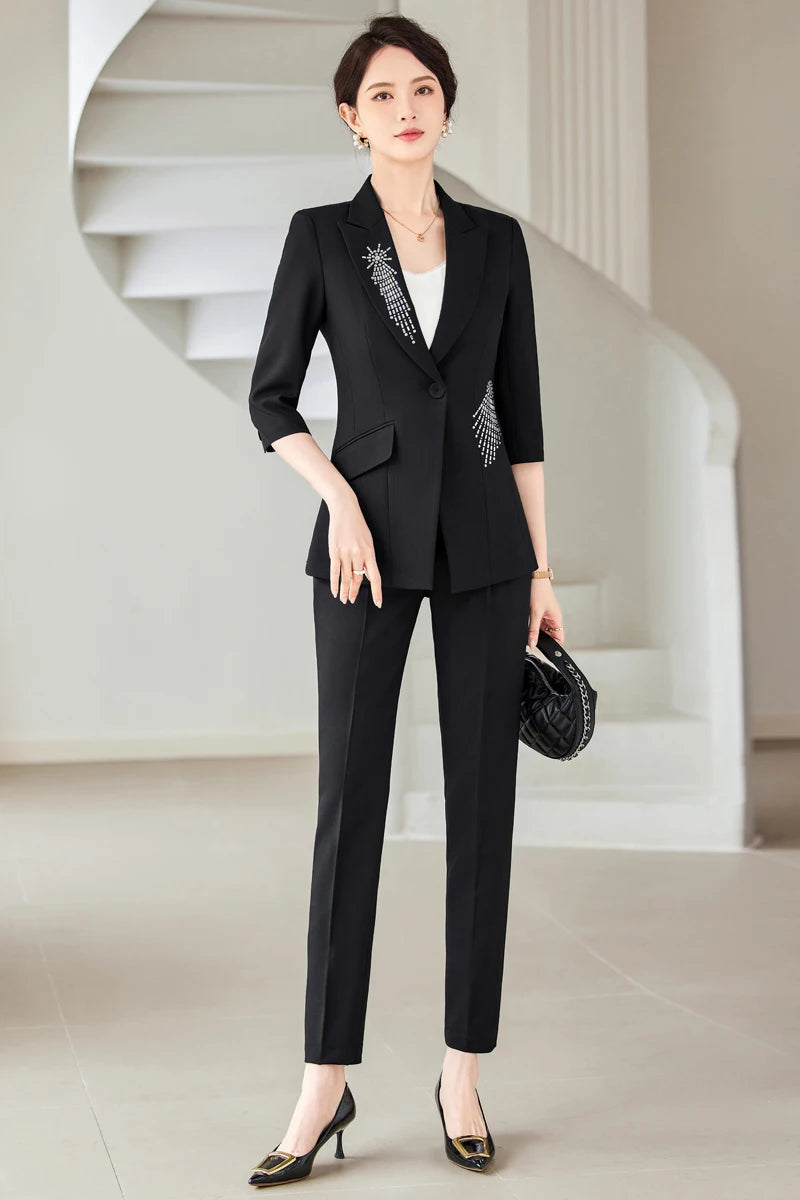 Maxy Black Women Pants Suits Set For Widding Luxury Crystal Beads Blazer and Trousers 2 Pieces Office Lady Custom Made Uniform