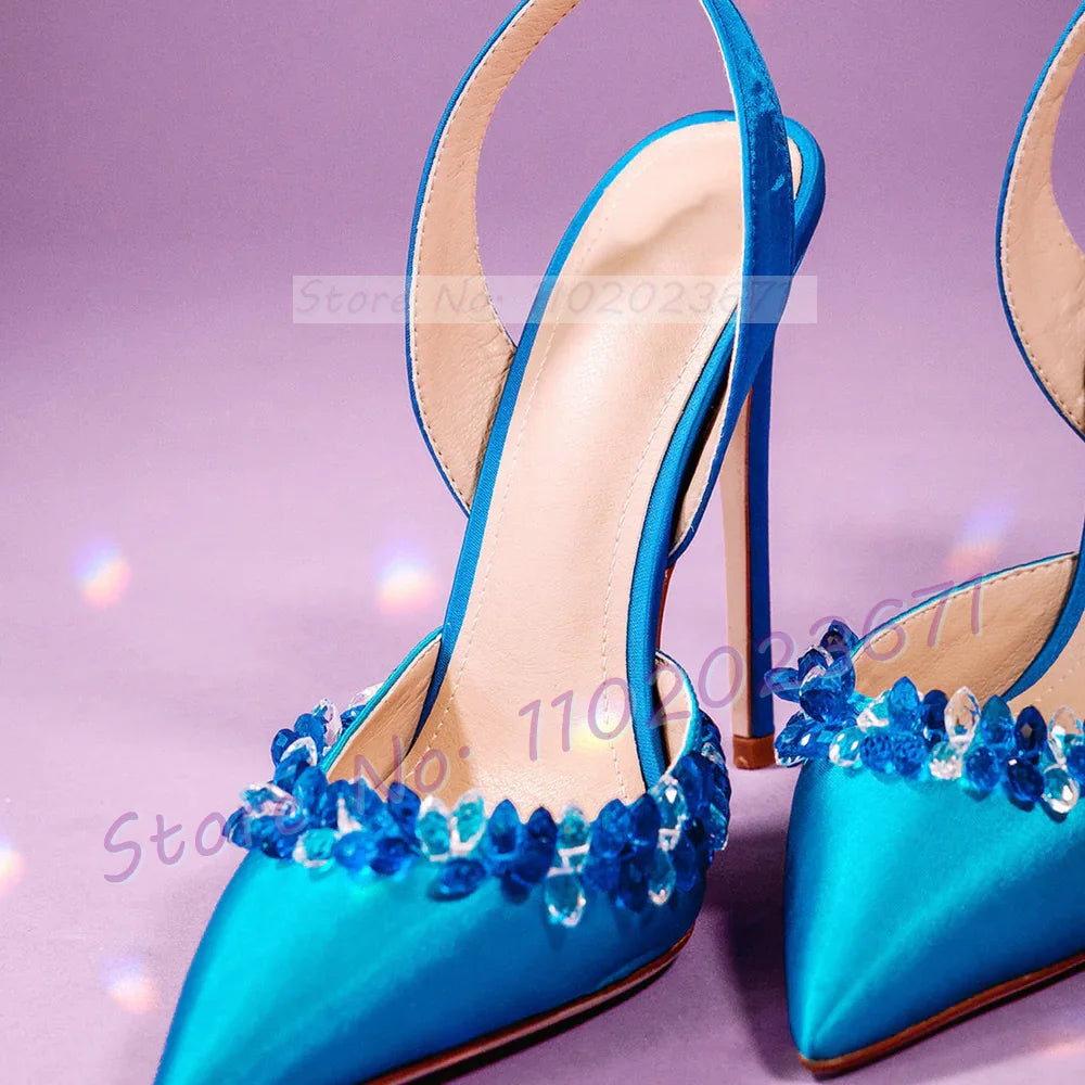 Maxy Blue Crystal Trim Elegant Satin Sandals Women Luxury Back Strap High Heels Party Shoes Ladies Summer Chic Pointy Toe Bling Pumps