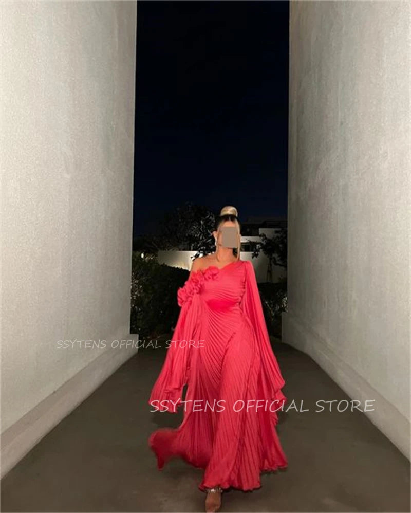 Maxy Elegant Vintage Red A Line Customized Formal Occasion Prom Dress One Shoulder vestidos Satin Pleats Arabic Evening Party Gowns