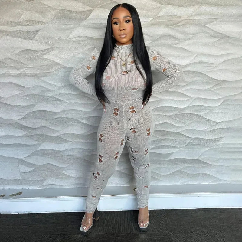 Amay Hollow Out Knit Slim Plain Ripped Jumpsuits Stand Collar Distressed Bodycon Lady Streetwear Casual Women Long Sleeve Jumpsuit