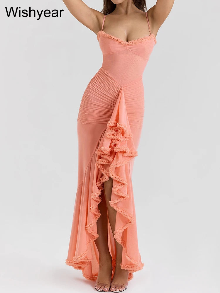 Maxy Women Sexy Spaghetti Strap Ruffle Irregular Bodycon Long Dress Elegant Boho Beach Party Evening Prom Birthday