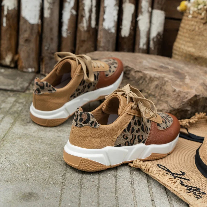 Maxy Women Casual Platform Shoes Round Toe Low-top Leopard Wedge Sneakers Women Comfortable Lace Up Outdoor Shoes for Women