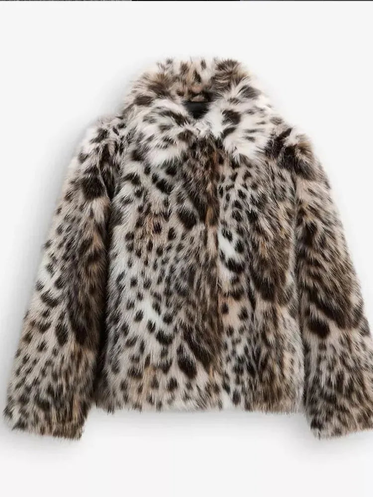 Maxy New Winter Leopard Printed Warm Short Faux Fur Coat Fashion Long Sleeves Lapel Collar Jacket Woman High Street Wear