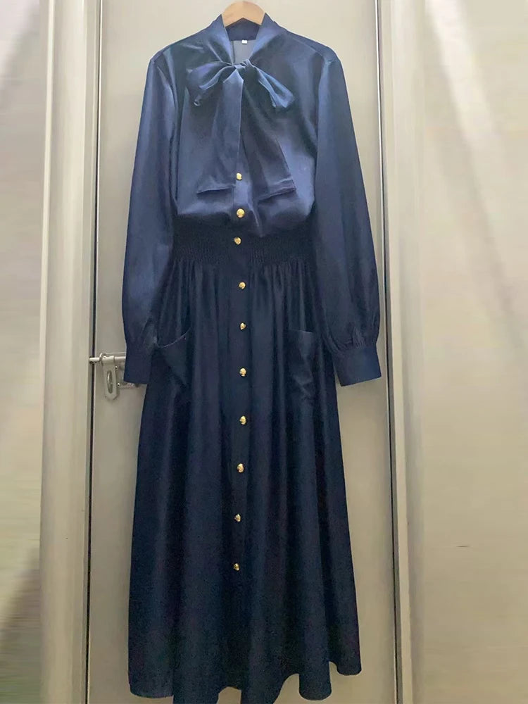Maxy Retro autumn women's new blue denim bow collar long sleeve shirt+high waist pocket button skirt fashion suit