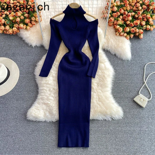 Amay Gagarich Woman Chic Knitting Dresses Autumn New Ins Stand-up Collar Tight-fitting Hollow Out Hip Strapless Stretch Vestidos