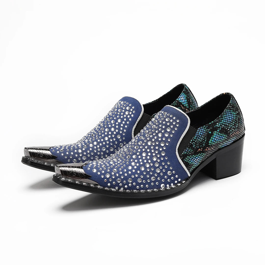 Visco Luxury Rhinestone Men Genuine Leather Shoes Metal Pointed Toe Male Party Wedding Dress Shoes Plus Size Slip on Party Formal Shoe