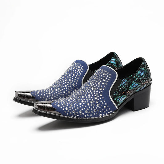 Visco Luxury Rhinestone Men Genuine Leather Shoes Metal Pointed Toe Male Party Wedding Dress Shoes Plus Size Slip on Party Formal Shoe