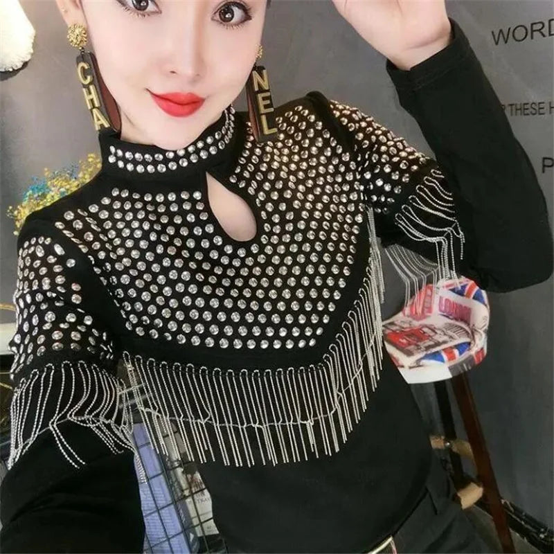Maxy Tassel Hot Drill Tee Women T-shirt Spring Fall Hollow Out Pullover Stand-up Collar Long Sleeve Shiny Cotton Female T-Shirt