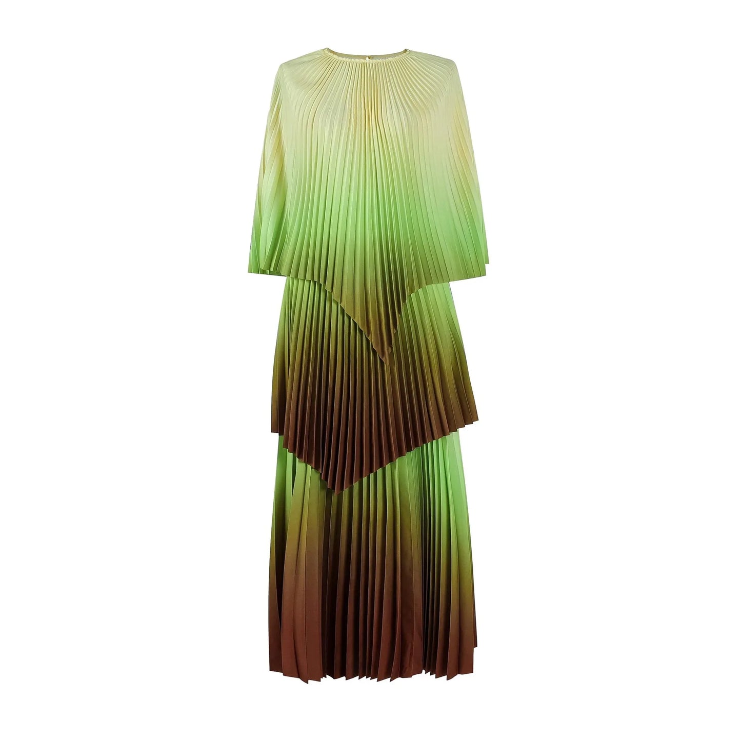 Maxy Fashion Plus Size Women Dress Miyake Pleated Gradient Color Ladies Clothing Irregular Shawl Top &  A-line Skirt New