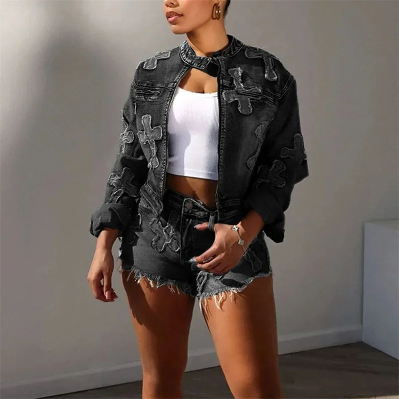 Zay Women Vintage Embroidery Cross Two Piece Sets Zipper Cardigan Button Splice O Neck Short Jacket Female Denim Suits Tassel Shorts