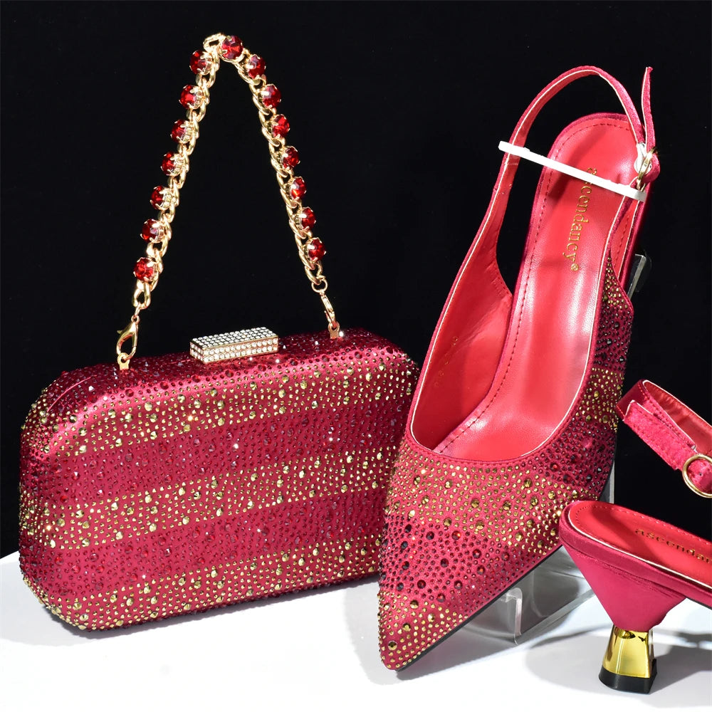 Maxy beautiful hot sell Shoes And Bag Sets for Evening Party with Stones Leather Handbags Match Bags!