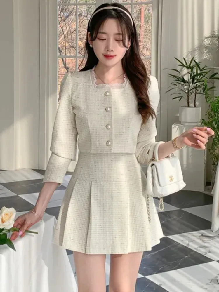 Maxy High Quality spring Small Fragrant Two Piece Set Women Outfit Short Jacket Coat + Skirt 2 Piece Sets Conjuntos Cortos
