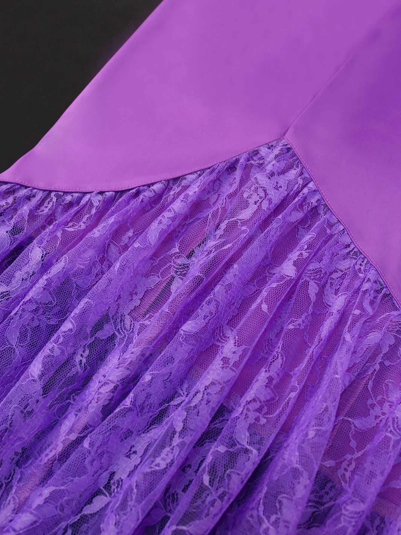 Amay Lace Round Neck Elegant Pleated Slim Fit Dress Autumn/winter Purple Matte Satin Patchwork Dress Nightclub Party Long Dresses