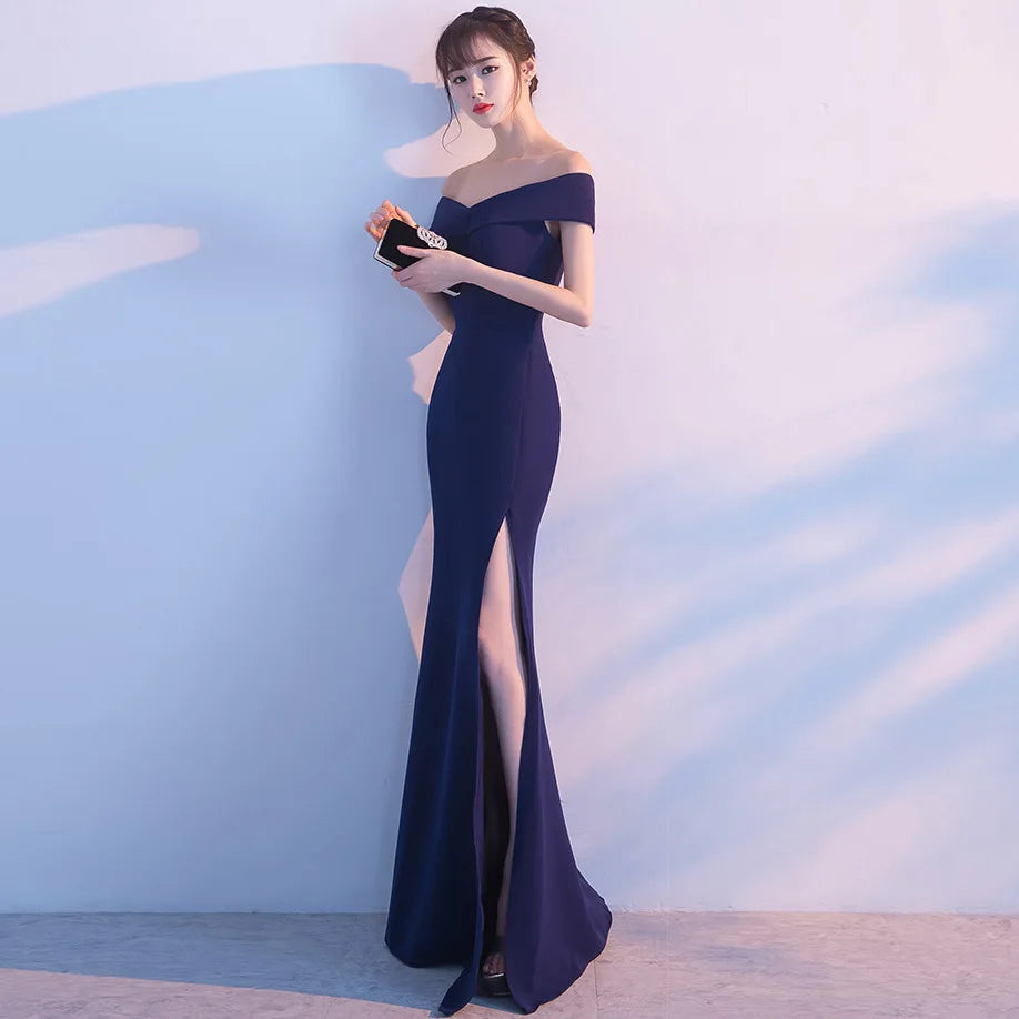 Maxy Evening Dresses Black Stretchy Off the Shoulder Zipper Back Mermaid Trumpet Slit Floor Length Women Party Formal Gowns YE006