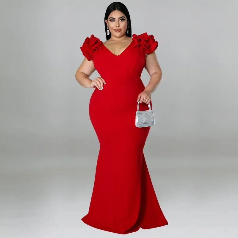 Maxy Ethnic Costume Sexy Ruffle Sleeve Wrap Hip Backless Dresses Elegant New Year Dress Women Dinner Party