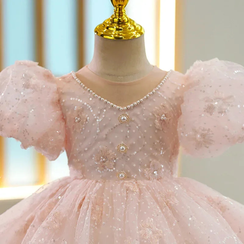 Maxy Bridesmaid Dresses for Kid Girls Children Princess Beading Sequined Ball Gowns Infant Pink Evening Dress Toddlers Vestidos