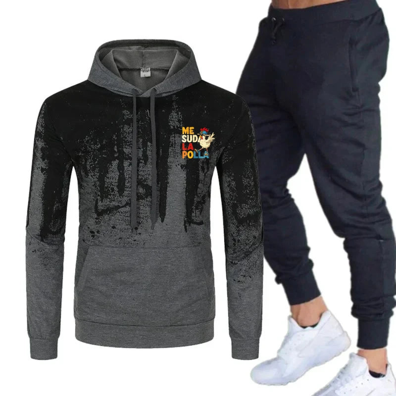 Maxy Men's Hoodie Black Gray Printed ME SUDÁ LA POLA Graphic Sweatshirt Set Tracksuit for Casual Wear and Sport Activities