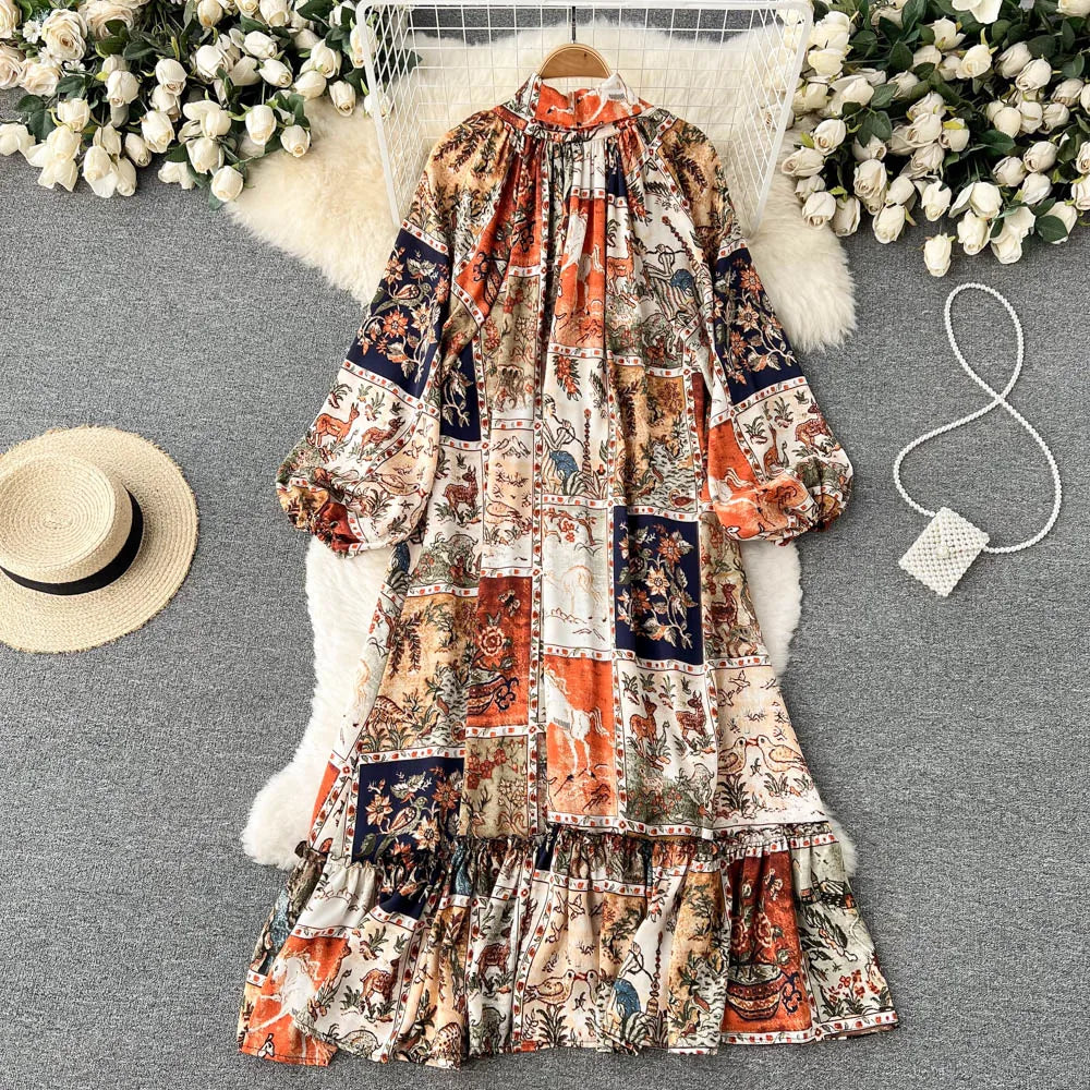 Maxy Women's Runway Fashion Spring Summer Long Sleeve Casual Loose Print Dress Female High Waist Chic Party A-line Dress TB2615