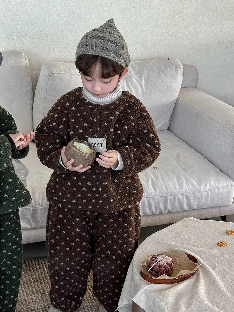 Maxy Girls Suits Children Winter Lamb Wool and Fleece Hoodie Boys Girls Baby Thick Bloomers Two-piece Set Korean Simple Style