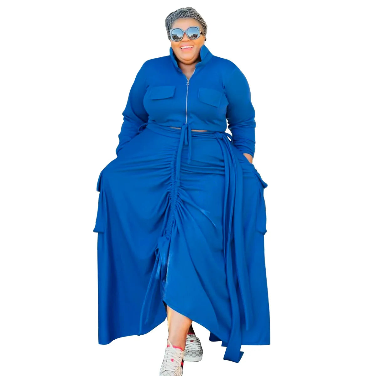 Maxy Plus Size Women 2 Piece Set Solid Color Splice Drawstring Casual Long Sleeve Coat Lapel Zipper Dress Suit