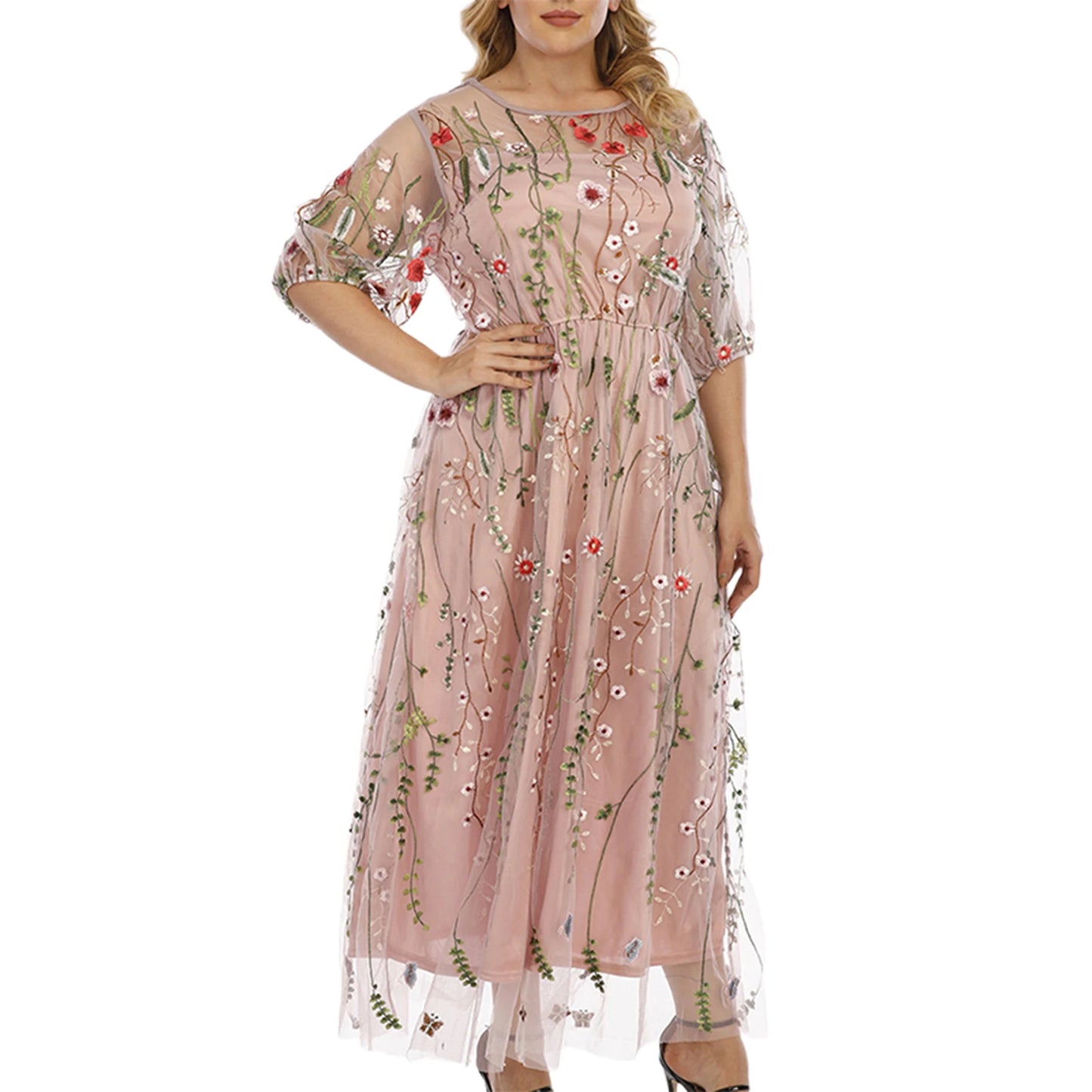 Maxy Women s Lace Dress Off Shoulder Floral Embroidered Short Sleeve V Neck Plus Size Evening Party Elegant Gown