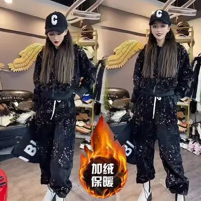 Maxy Fashion Pink Casual Suit for Women Autumn Winter New Gold Velvet Sequins Pearl Embroidery Sweatshirt Sports Pants Two-Piece Sets