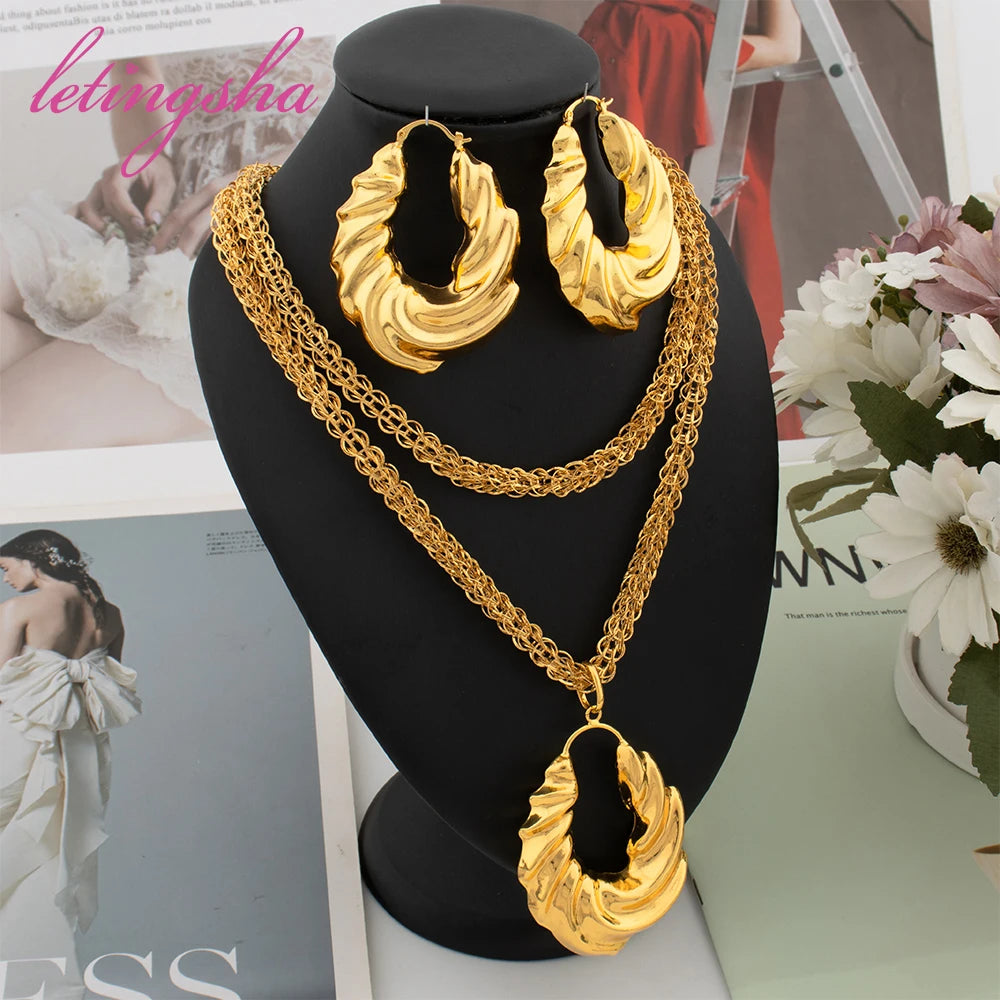 Maxy Luxury Gold Color Earrings Ins TK Hot Sale Long Necklace Chain Set Fashion Jewelry Wedding Party Anniversary Gift