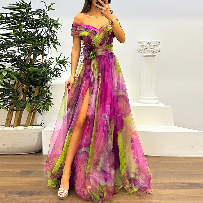 Maxy Spring Summer New Mesh Evening Dress Vintage Pattern Printed High Waisted Long Dress New One Shoulder Pleat Banquet Swing Dress