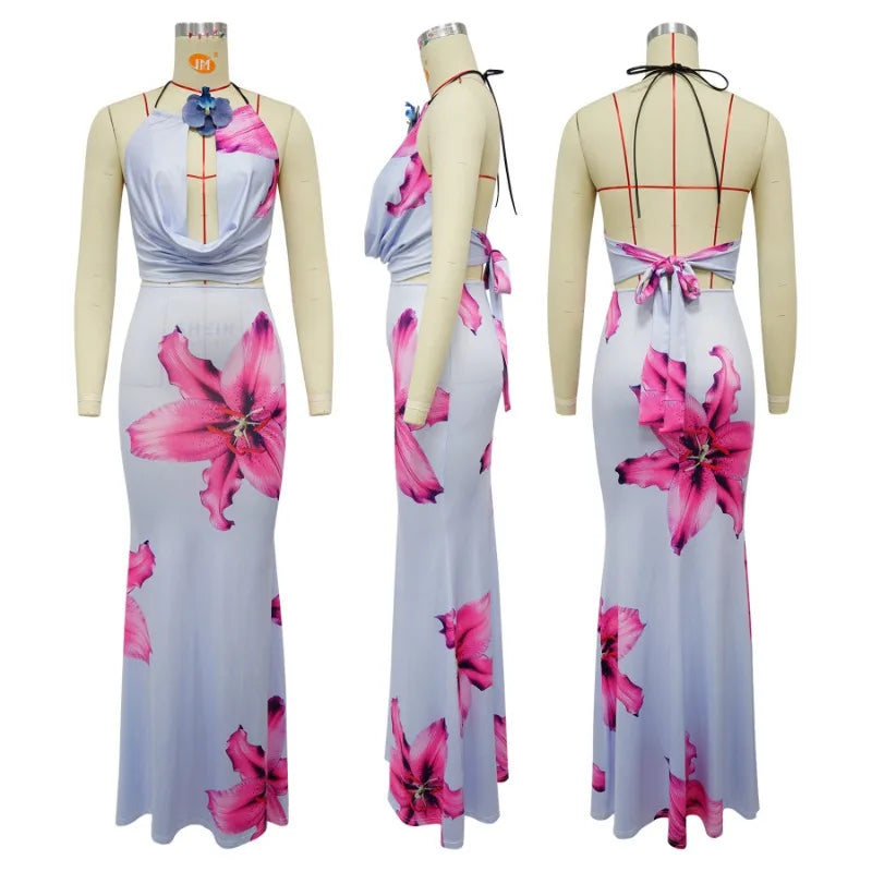 Maxy Floral Printed Street Women's Set U-Neck Crop Tops and Bodycon Long Skirts Suit Summer Birthday Holiday Two 2 Piece Set