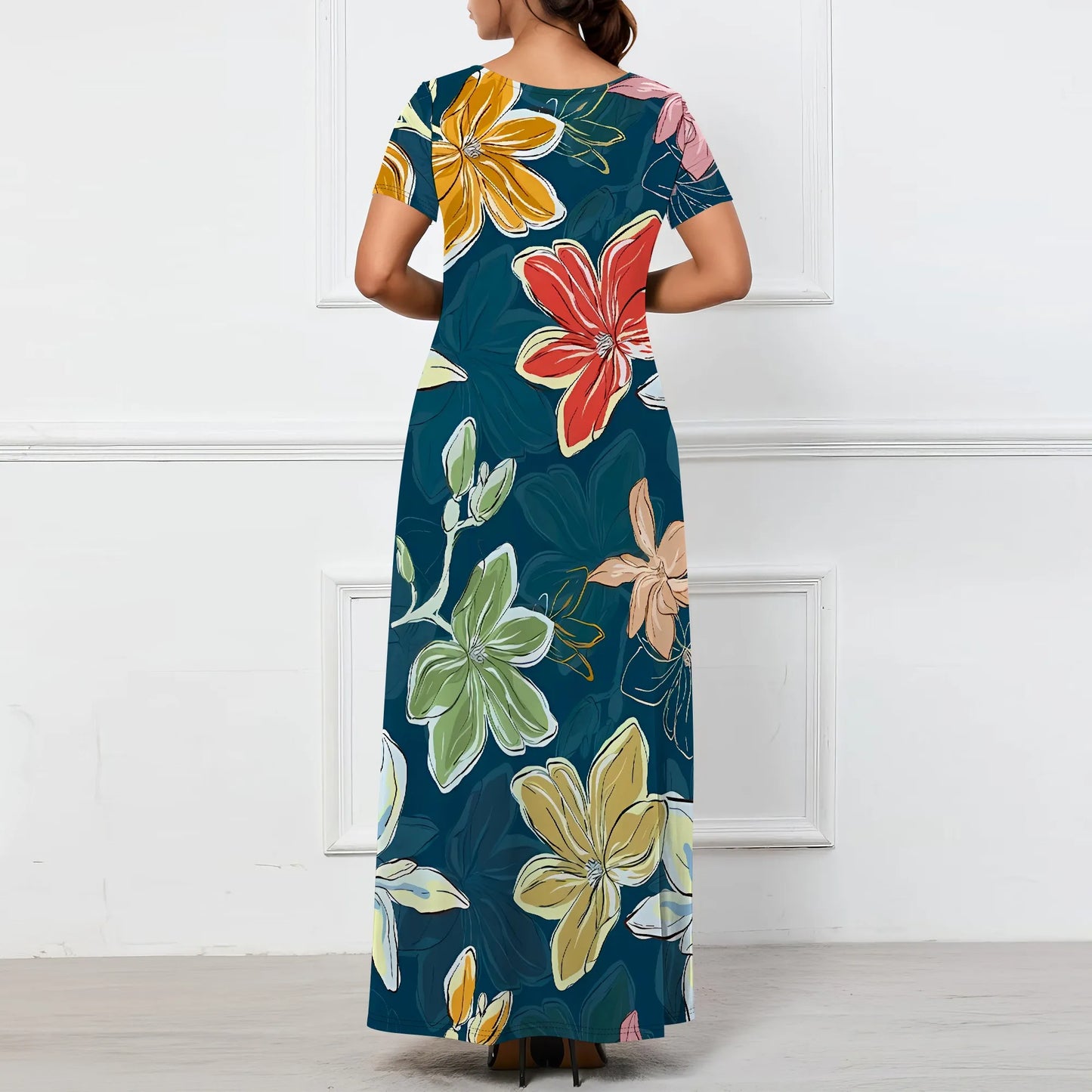 Maxy Women's Multicolor Floral Print Maxy Short Sleeve V Neck Long Dress Casual Summer Beach Holiday Wear
