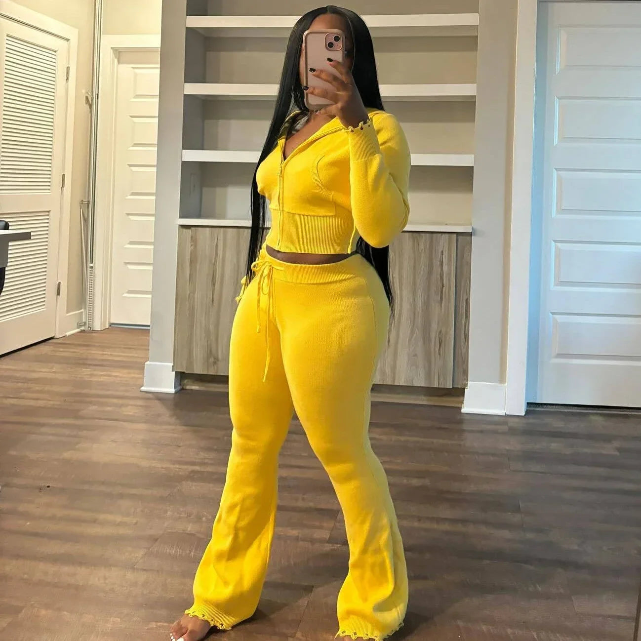 Maxy FAGADOER Casual Knitting 2 Piece Sets Women Outfit Solid Color Zip Crop Hooded Top + Flare Pants Suits Female Streetwear
