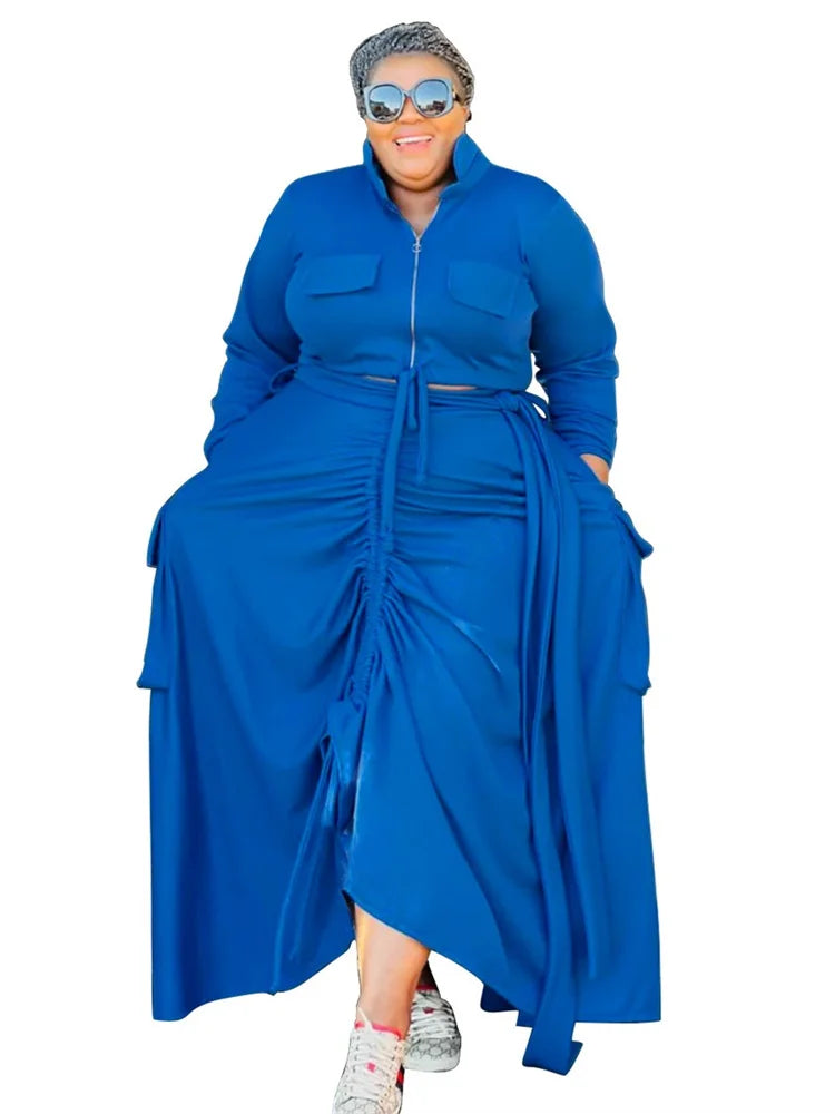Wmstar Plus Size Two Piece Sets Women Fall Clothing Solid Zip Up Tops and Dress Sets Bandage New Wholesale Dropshopping 2024
