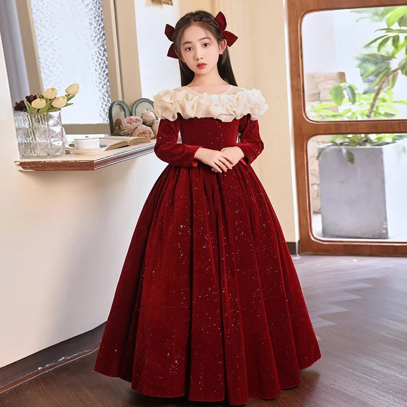 Wedding Flower Kid Elegant Costumes Christmas Party Children Formal Burgundy Long Dresses Teen Girls Birthday Gala Fashion Dress