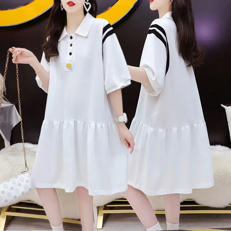 Maxy Casual Polo-Neck Button Dresses Summer Korean Stylish Printed Women's Clothing Spliced All-match Loose Short Sleeve Midi Dress