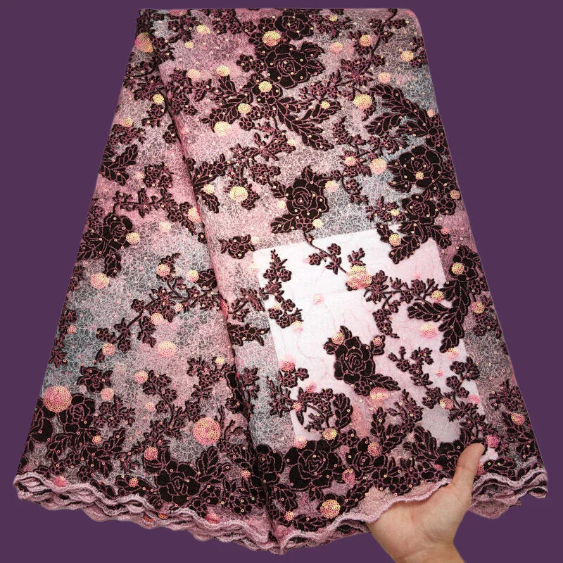 Maxy 5 Yards Sequins Nigerian Mesh Tulle Lace Fabric French Velvet Lace Fabric For Women Wedding Party Dresses A2616