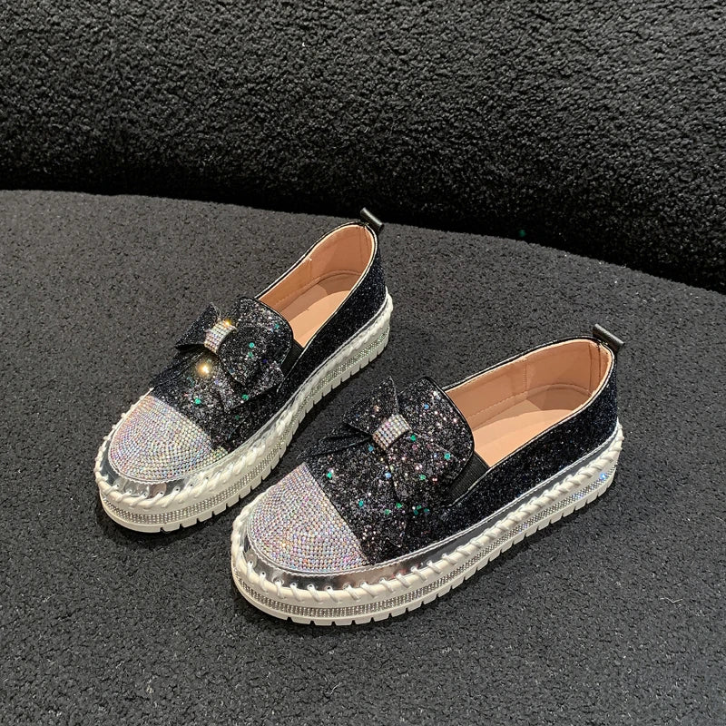 Maxy Fashion Women Shoes Shining Rhinestone Loafer Bowknot Slip-on Thick Botton Casual Ladies Crystal Female Platform Sneakers Sports