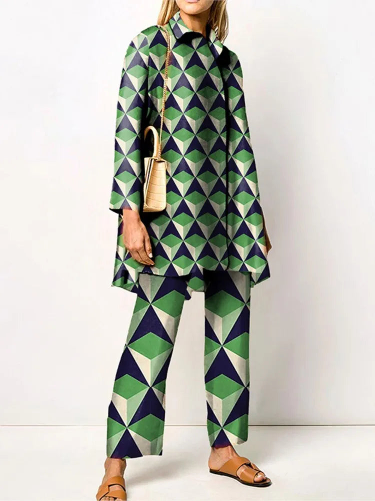 Maxy Autumn New Loose Vintage Printed Pant Sets Women Long Sleeve Shirts And Wide Legs Trousers Two Piece Set Fashion Streetwear