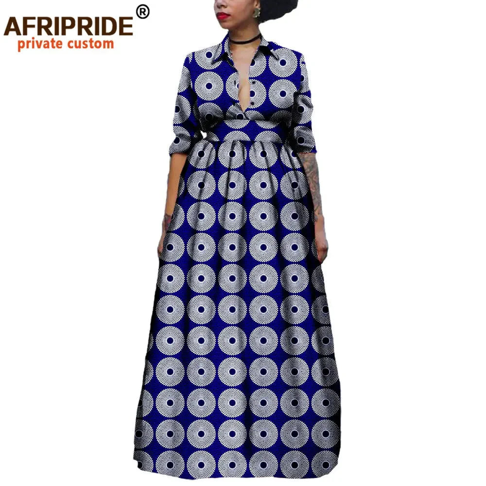 Maxy African Long Dresses for Women Half Sleeve Ankle-length Notched Collar Party Dress Print Ankara AFRIPRIDE A1825075