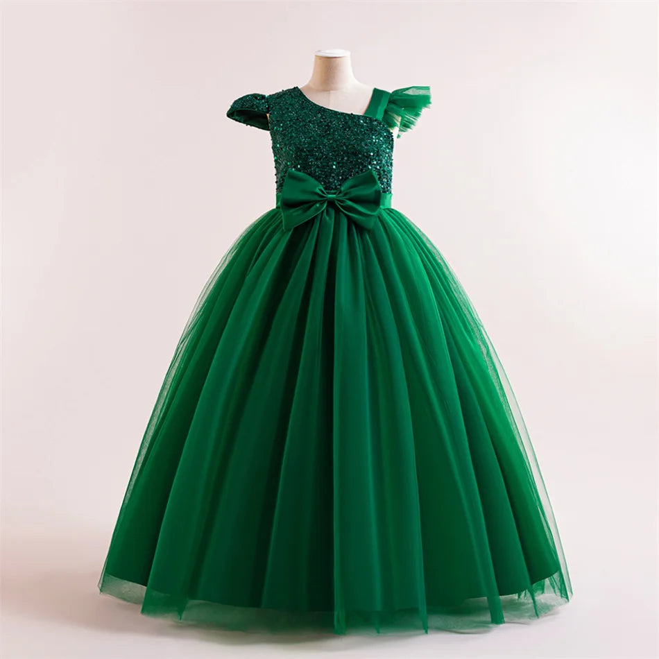 Maxy Girls Solid Sequin Mesh Bow Formal Evening Gown Kids Piano Performance Host Costume Children Wedding Elegant Princess Dress