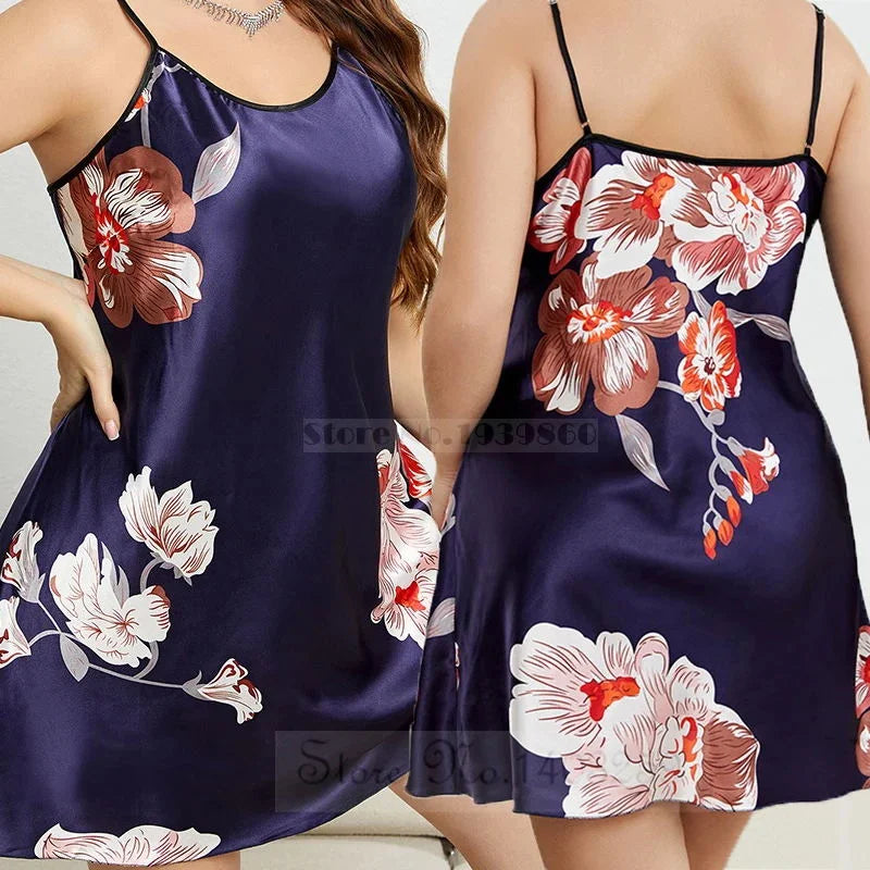 Maxy Large Size 3XL 4XL 5XL Female Robe Nightgown Print Flower Long Kimono Bathrobe Gown Sleepwear Loose Satin Home Dress Lounge Wear