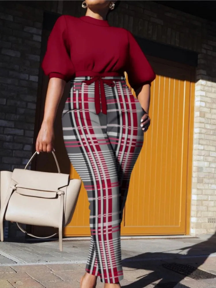 Maxy Fashion Plaid Print Two Pieces Sets Women's Autumn Lanntern Sleeve Top & High Waist Tied Slim Long Pants Casual Streetwear Set