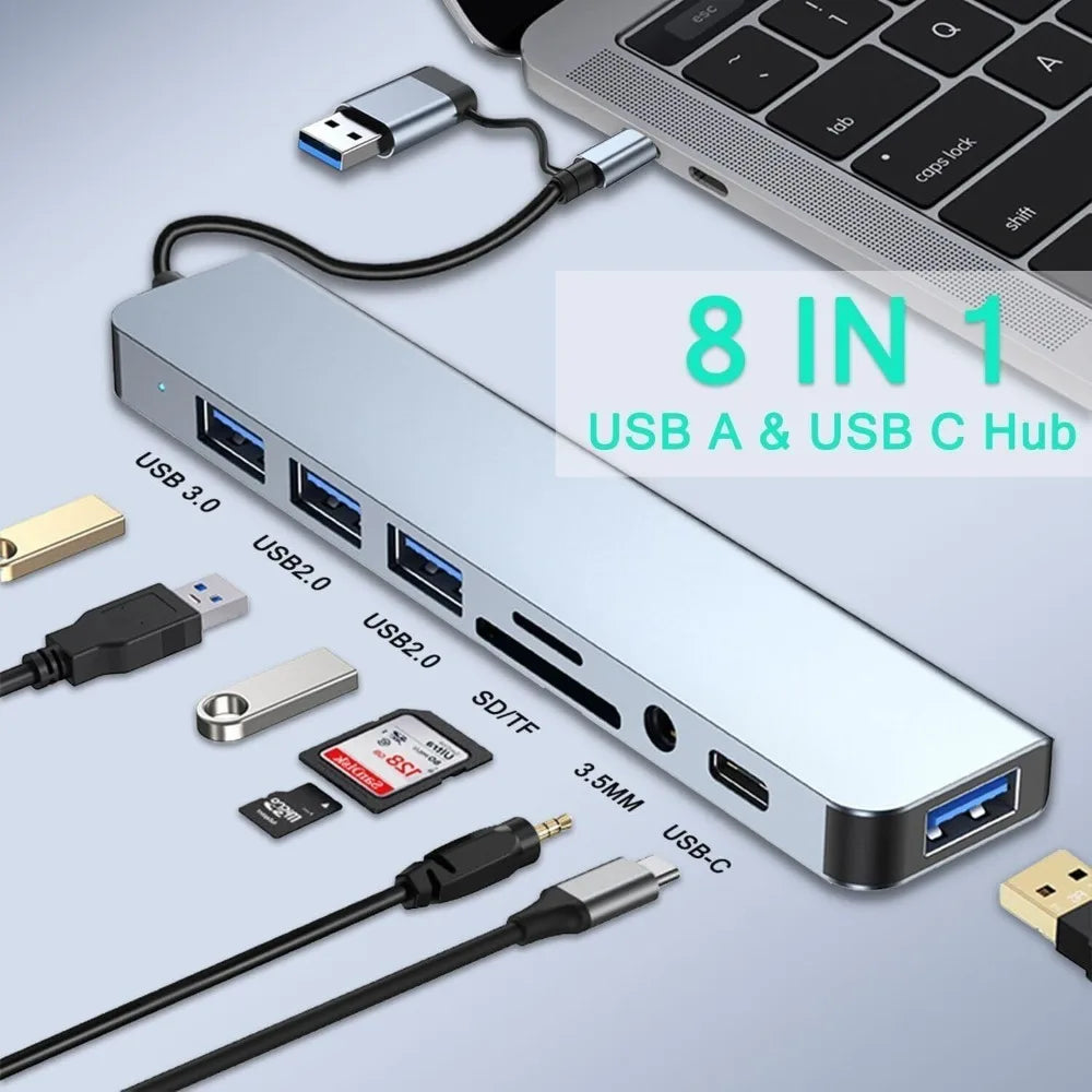 8 in 2 Type C USB HUB Docking Station with 3.5mm Audio Jack for Micro SD Card Reader MacBook Laptop Tablet Phone Disk Converter