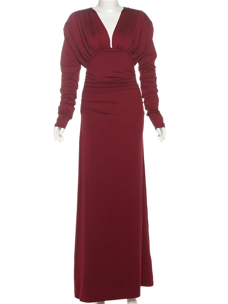 Maxy Weird Puss Classic Dress Women Fall Trend Long Sleeve V-Neck Solid Sexy Elegant Evening Party Skinny Stretch Maxi Bodycon