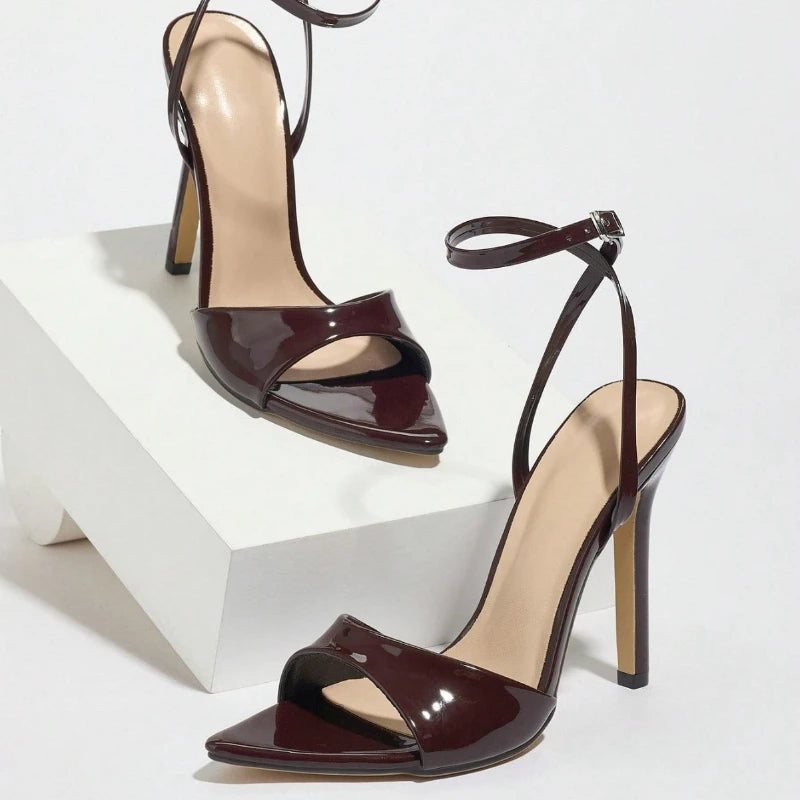 Maxy Coffee Patent Leather Heeled Sandals Women Fashion Pointed Toe Ankle Buckle Brand Designer Shoes Sexy Open Toe