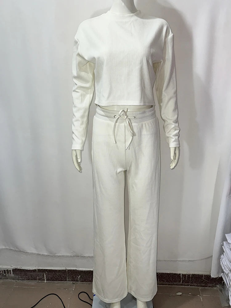 White Women's Tracksuit with Long Sleeve T-shirt 2024 Spring Wide Leg Trousers Two Piece Set Knitted Suits for Women O-neck Tees