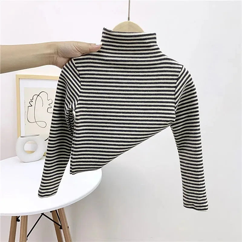 Maxy Autumn Winter Boy Girl Baby Solid Long Sleeve Bottoming Shirt Children Turtleneck Casual Tshirt Kid Striped Tops Toddler Clothes